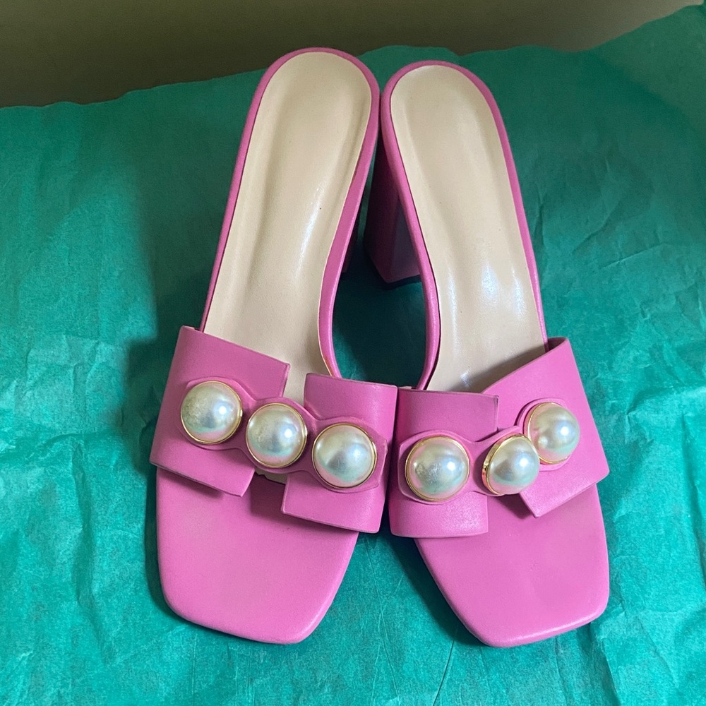 Pink Pearl-Accent Slide Mules